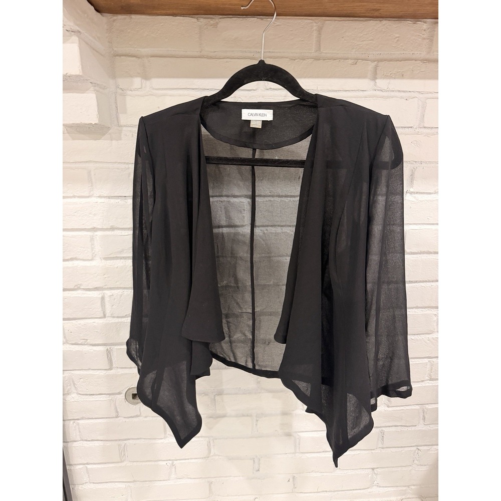 Calvin Klein Womens S Black Sheer Chiffon Waterfall Draped Cardigan Shrug